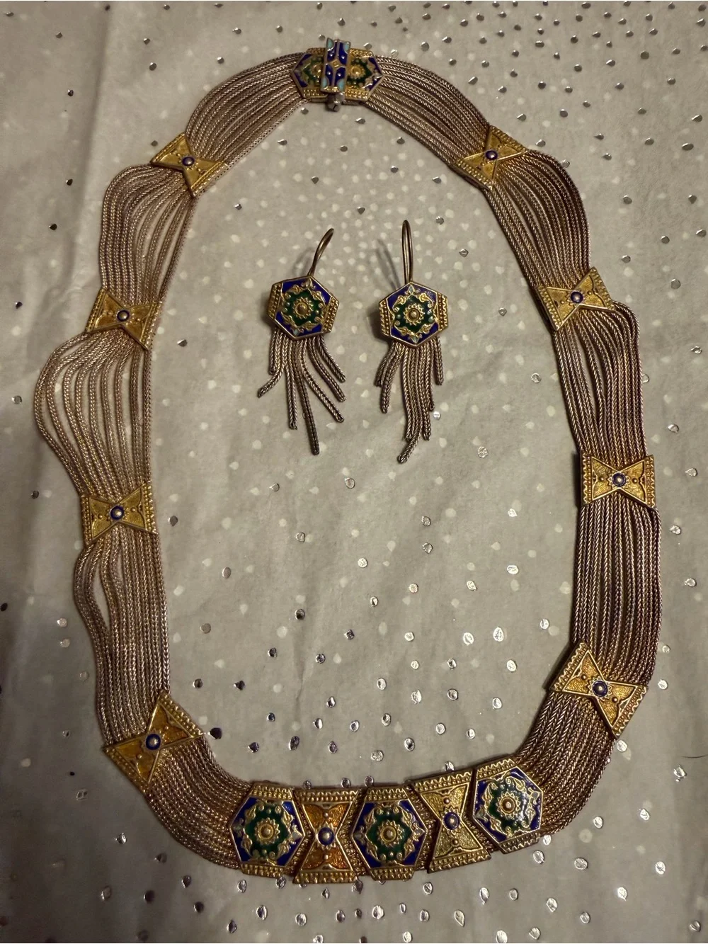 VTG TMC 925 Sterling Vermeil Enamel Multi Strand Necklace Earring Set